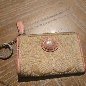 Coach Tan Canvas Card Case with Pink Trim and Key Ring
